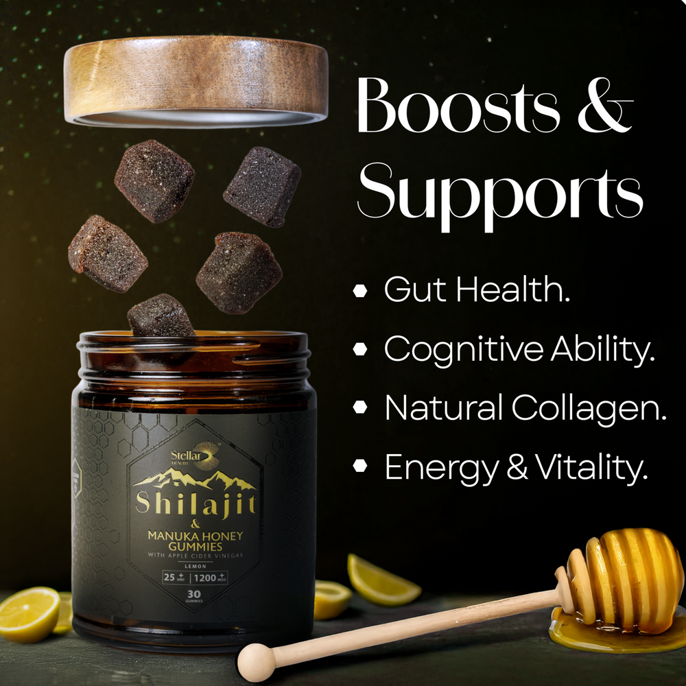 Stellar Health Shilajit and Medical Grade Manuka Honey + Apple Cider Vinegar Gummies - Platinum Lemon - Gourmet 30 Count of Elite Shilajit Gummies for Men and Women